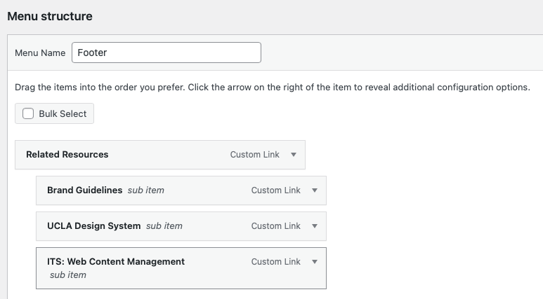 Screenshot of the WordPress menu configurator.